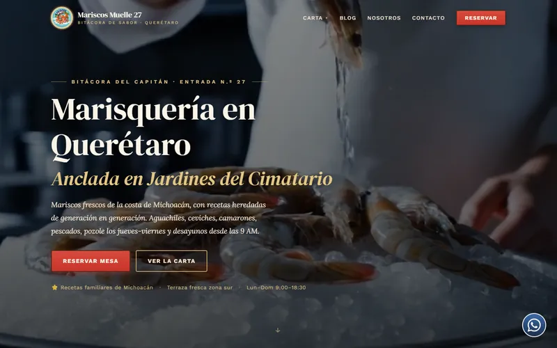 Portada del sitio web de Mariscos Muelle 27, marisquería en Querétaro